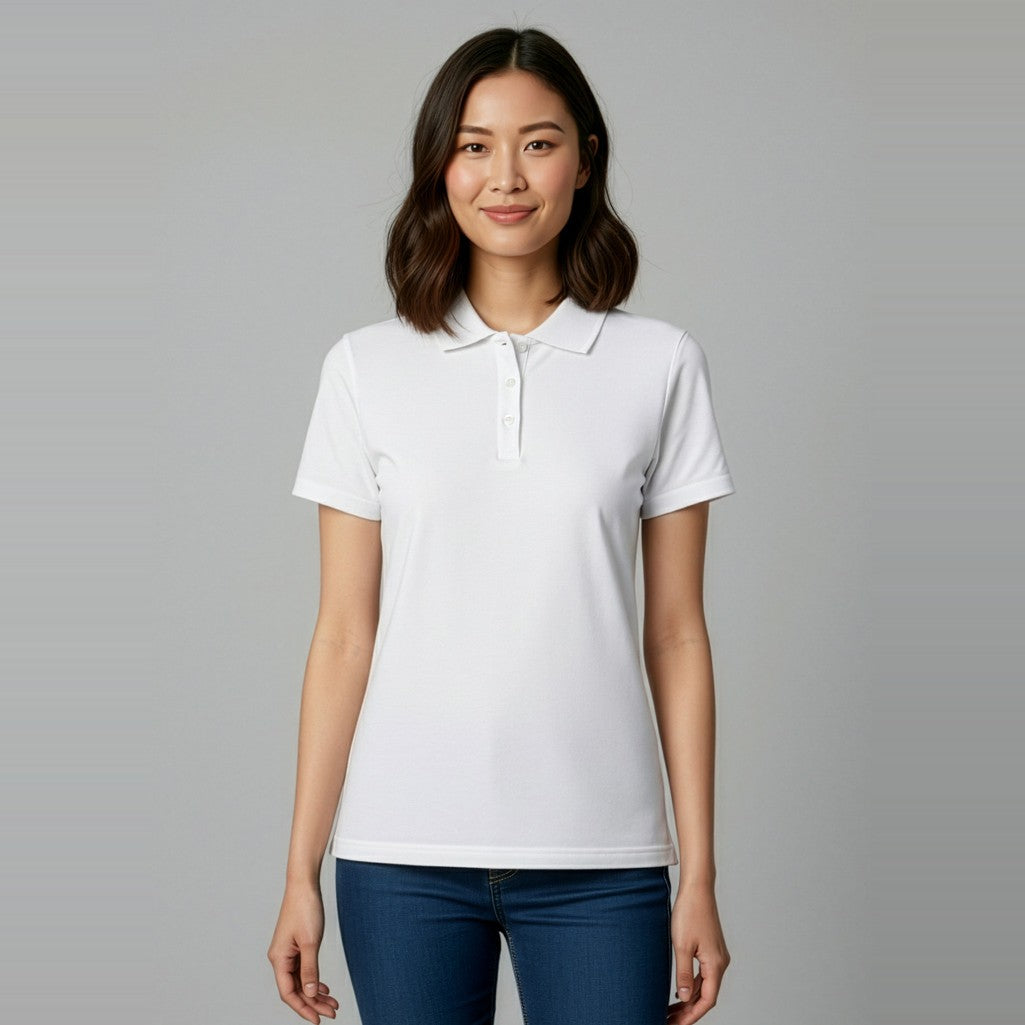 Biz Ice Womens Short Sleeve Polo P112LS in White, worn by model, view 2