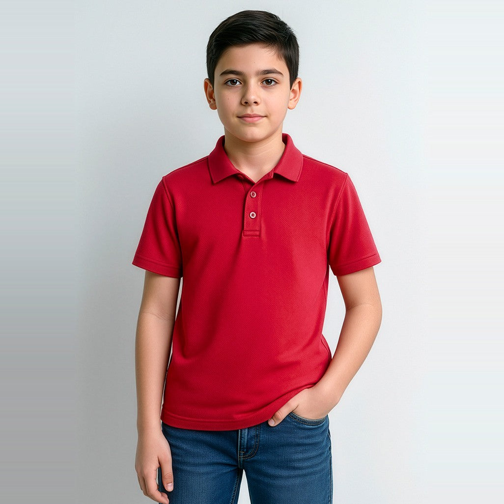 Biz Action Kids Short Sleeve Polo P206KS in Red, worn by model