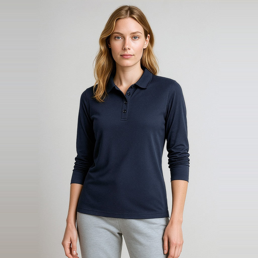 Biz Action Womens Long Sleeve Polo P206LL in Navy, worn by model
