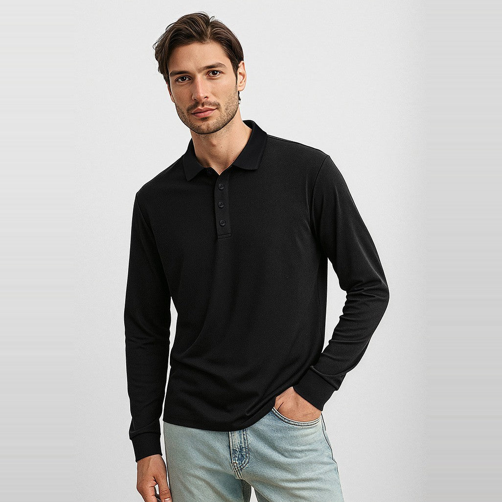 Biz Action Mens Long Sleeve Polo P206ML in Black, worn by model