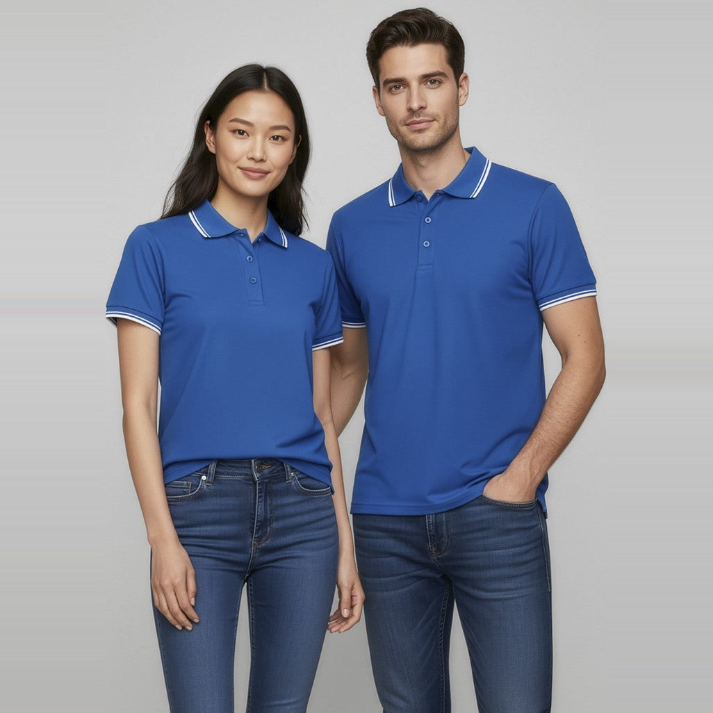 Biz Cambridge Womens Short Sleeve Polo P227LS in Royal/White/White, worn by model