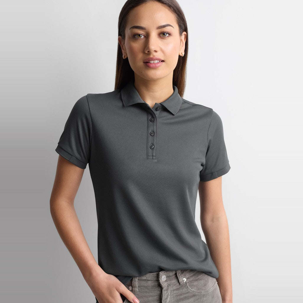 Biz Focus Womens Short Sleeve Polo P313LS in Charcoal/Charcoal, worn by model