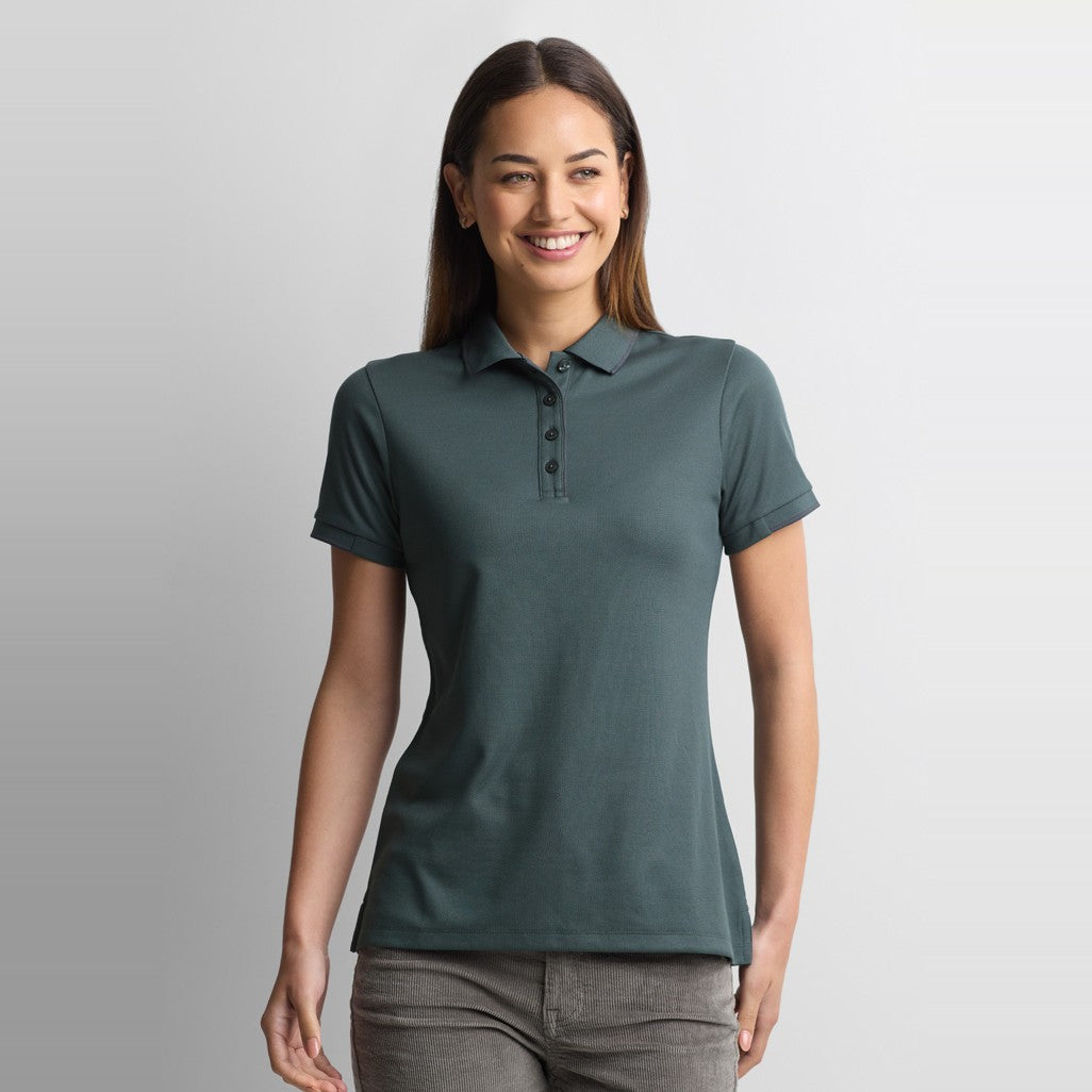 Biz Focus Womens Short Sleeve Polo P313LS in Seafoam/Charcoal, worn by model, view 2
