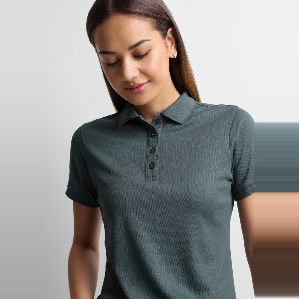 Biz Focus Womens Short Sleeve Polo P313LS in Seafoam/Charcoal, worn by model, view 3