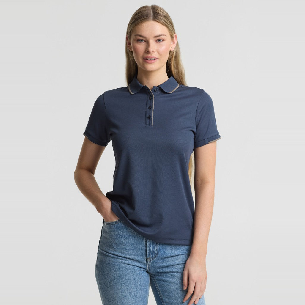 Biz Focus Womens Short Sleeve Polo P313LS in Storm Blue/Taupe, worn by model, view 2