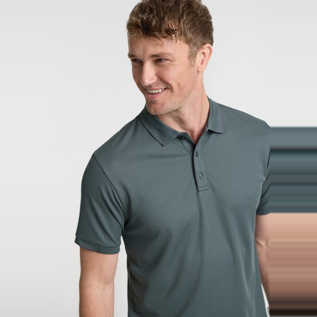 Biz Focus Mens Short Sleeve Polo P313MS in Seafoam/Charcoal, worn by model, view 2