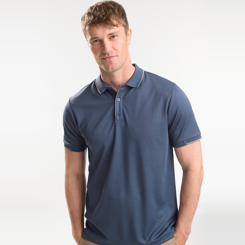 Biz Focus Mens Short Sleeve Polo P313MS in Storm Blue/Taupe, worn by model