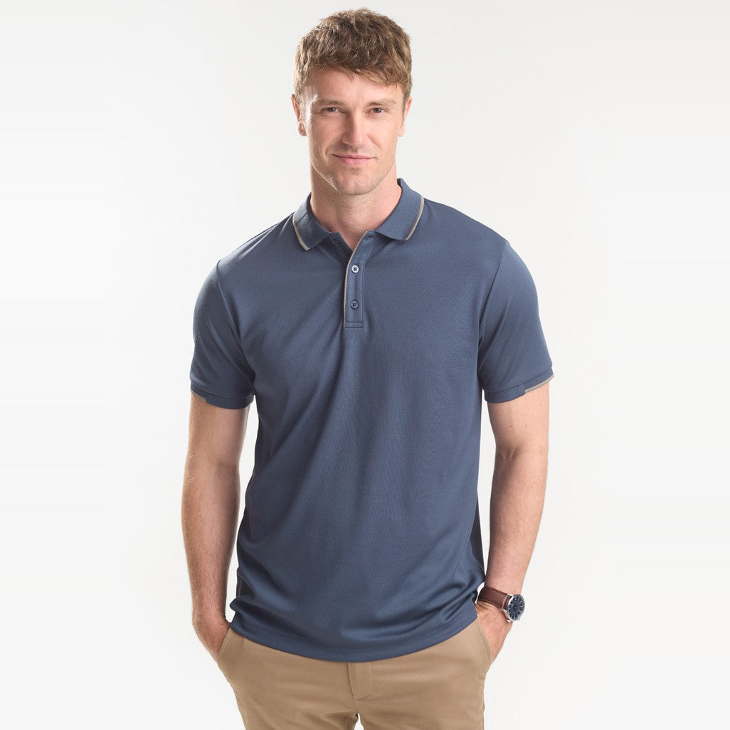Biz Focus Mens Short Sleeve Polo P313MS in Storm Blue/Taupe, worn by model, view 2