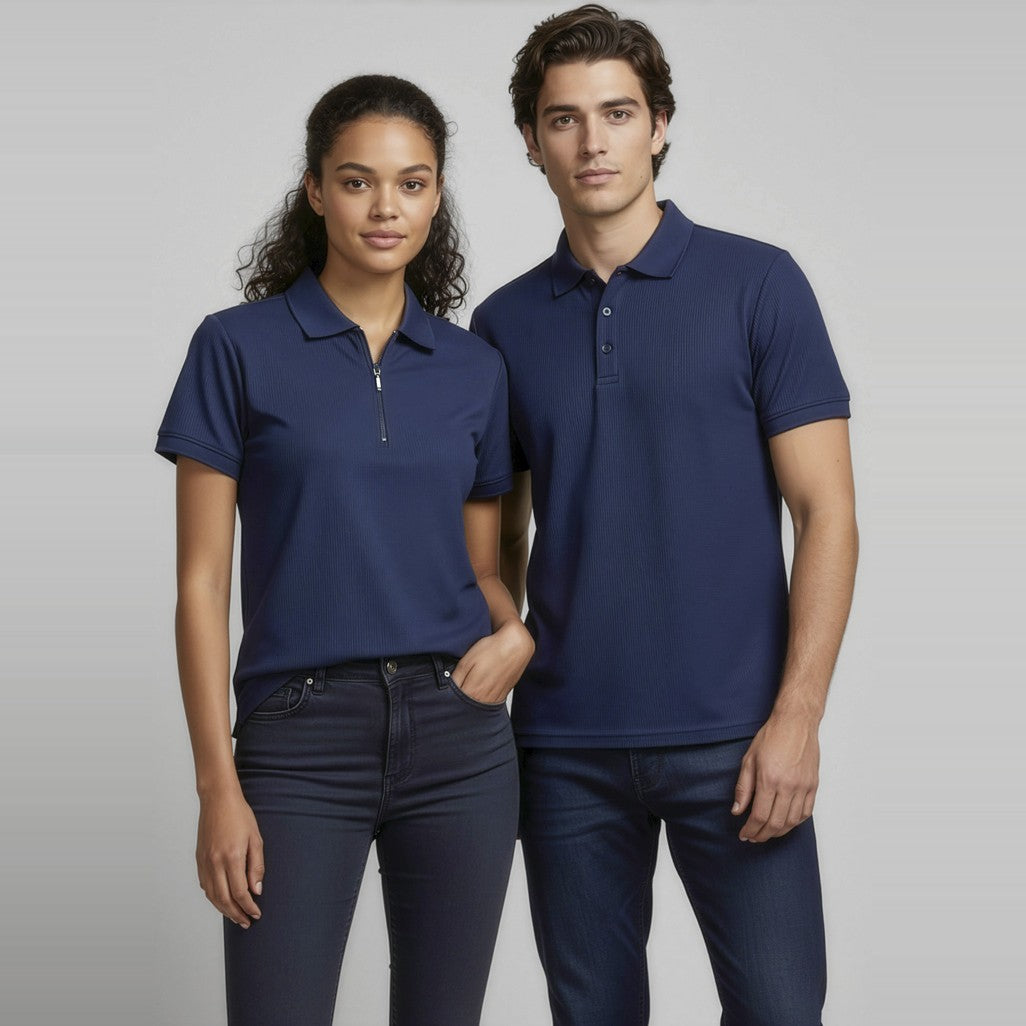 Biz Micro Mens Waffle Short Sleeve Polo P3300 in Navy, worn by model