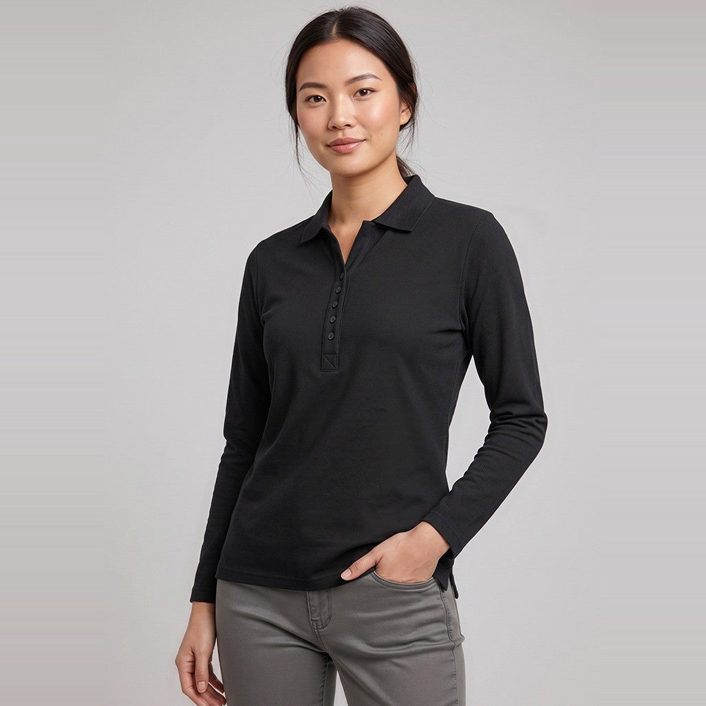 Biz Crew Womens Long Sleeve Polo P400LL in Black, worn by model