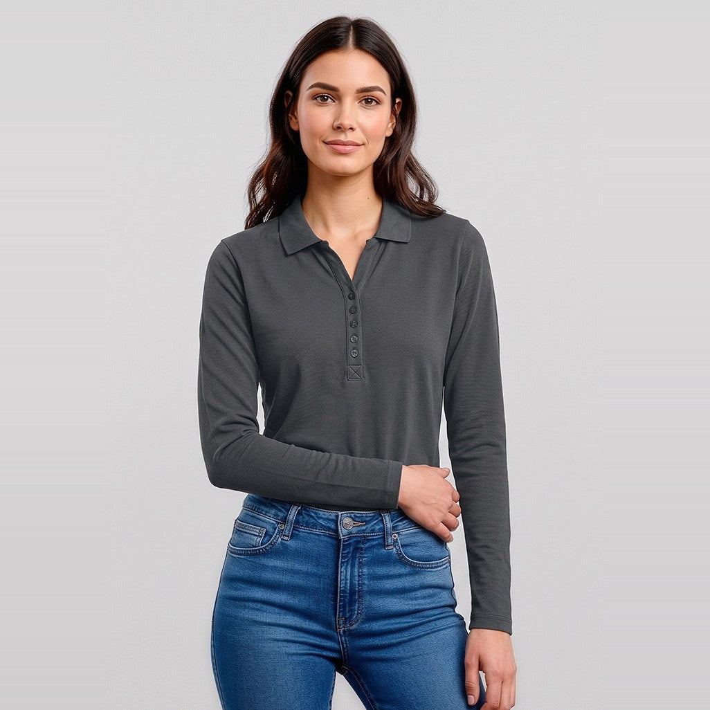 Biz Crew Womens Long Sleeve Polo P400LL in Charcoal, worn by model