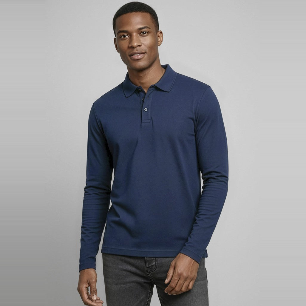 Biz Crew Mens Long Sleeve Polo P400ML in Navy, worn by model