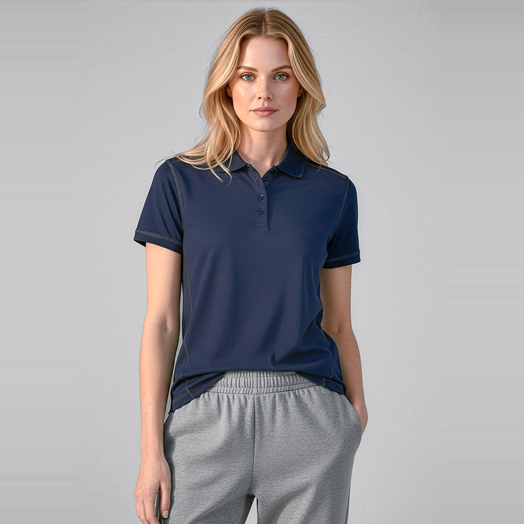 Biz Dart Womens Short Sleeve Polo P419LS in Navy/Navy, worn by model