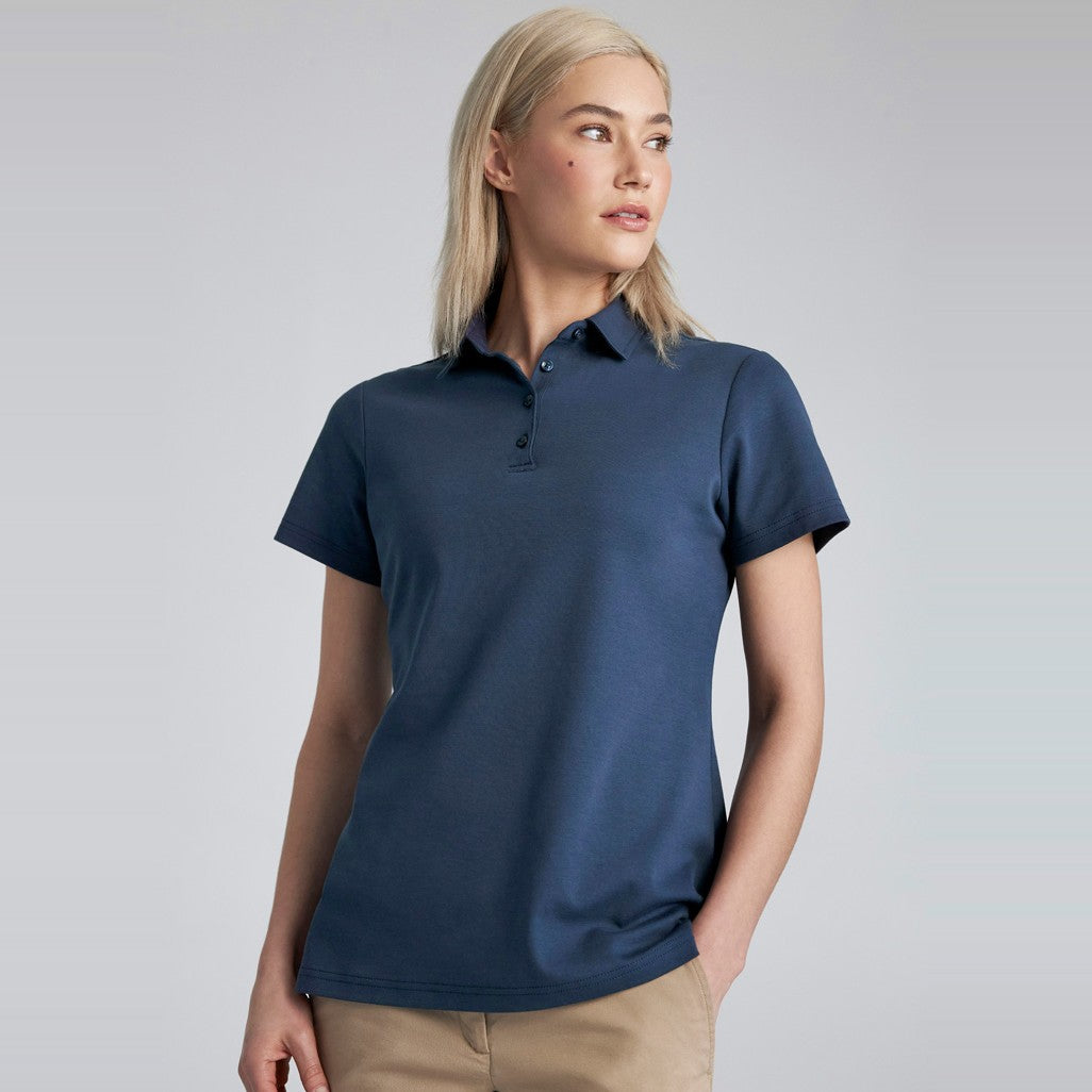 Biz Lotus Womens Short Sleeve Polo P515LS in Mineral Blue, worn by model