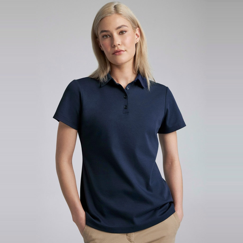 Biz Lotus Womens Short Sleeve Polo P515LS in Navy, worn by model