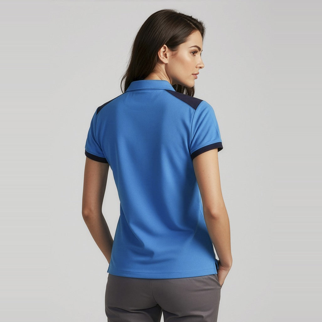 Biz Rival Womens Short Sleeve Polo P705LS in Cyan/Navy, worn by model