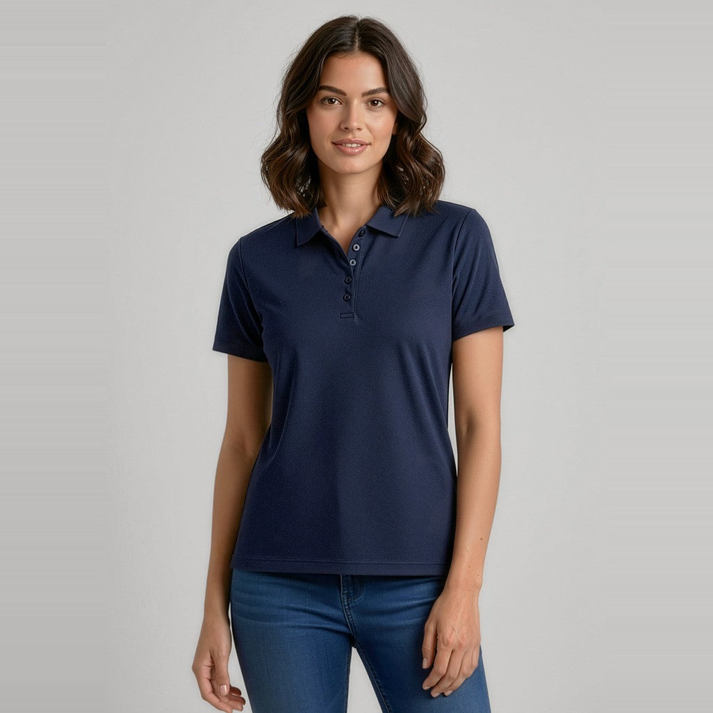 Biz Aero Womens Short Sleeve Polo P815LS in Navy, worn by model