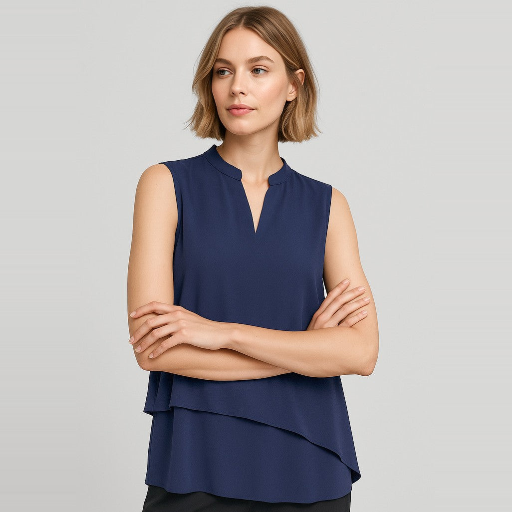 Biz Corporates Seville Womens Sleeveless Layered Blouse RB260LN in Navy, worn by model