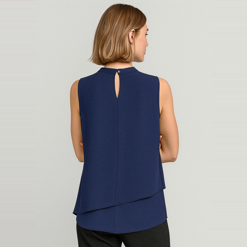 Biz Corporates Seville Womens Sleeveless Layered Blouse RB260LN in Navy, worn by model, view 2