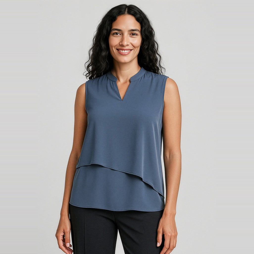 Biz Corporates Seville Womens Sleeveless Layered Blouse RB260LN in Storm Blue, worn by model