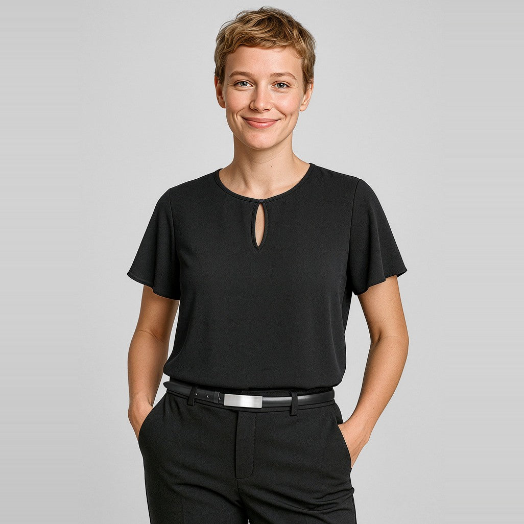 Biz Corporates Vienna Womens Short Sleeve Blouse RB261LS in Black, worn by model