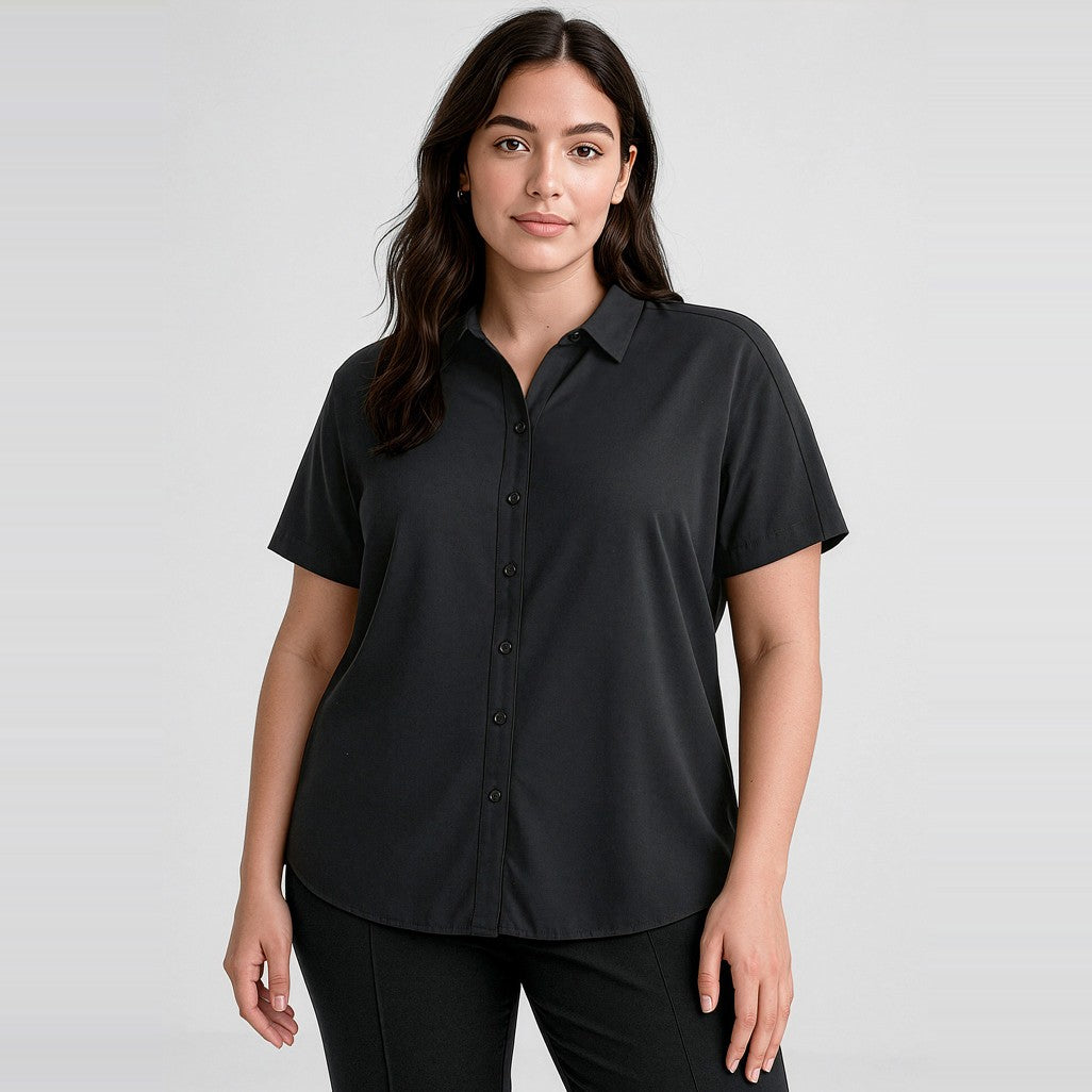 Biz Corporates Dahlia Womens Short Sleeve Blouse RB365L in Black, worn by model