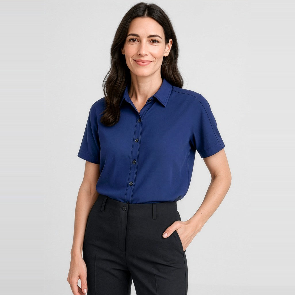 Biz Corporates Dahlia Womens Short Sleeve Blouse RB365L in Navy, worn by model