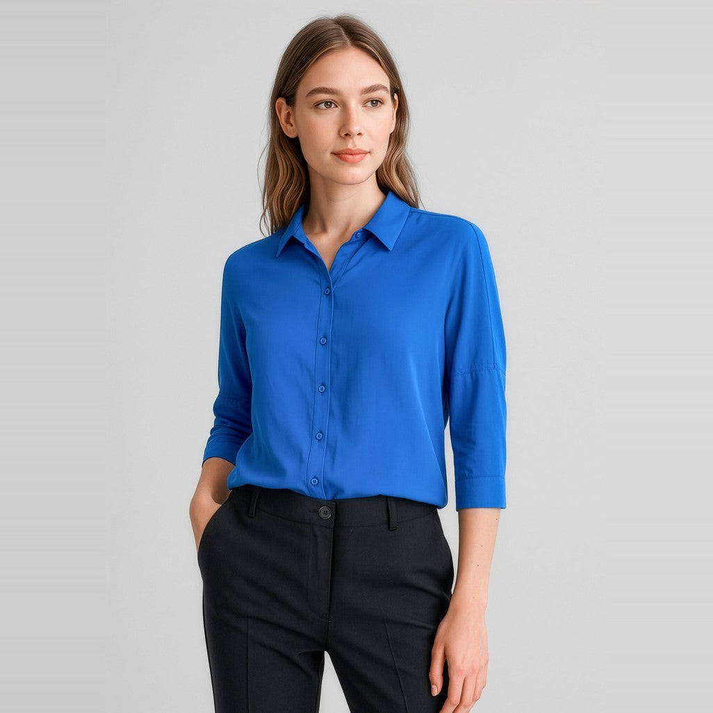 Biz Corporates Dahlia Womens 3/4 Sleeve Blouse RB366LT in Cobalt, worn by model