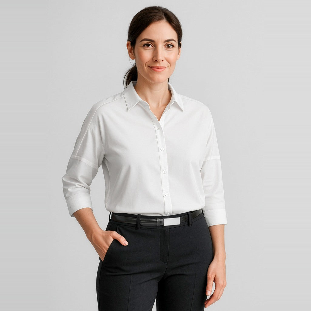Biz Corporates Dahlia Womens 3/4 Sleeve Blouse RB366LT in White, worn by model