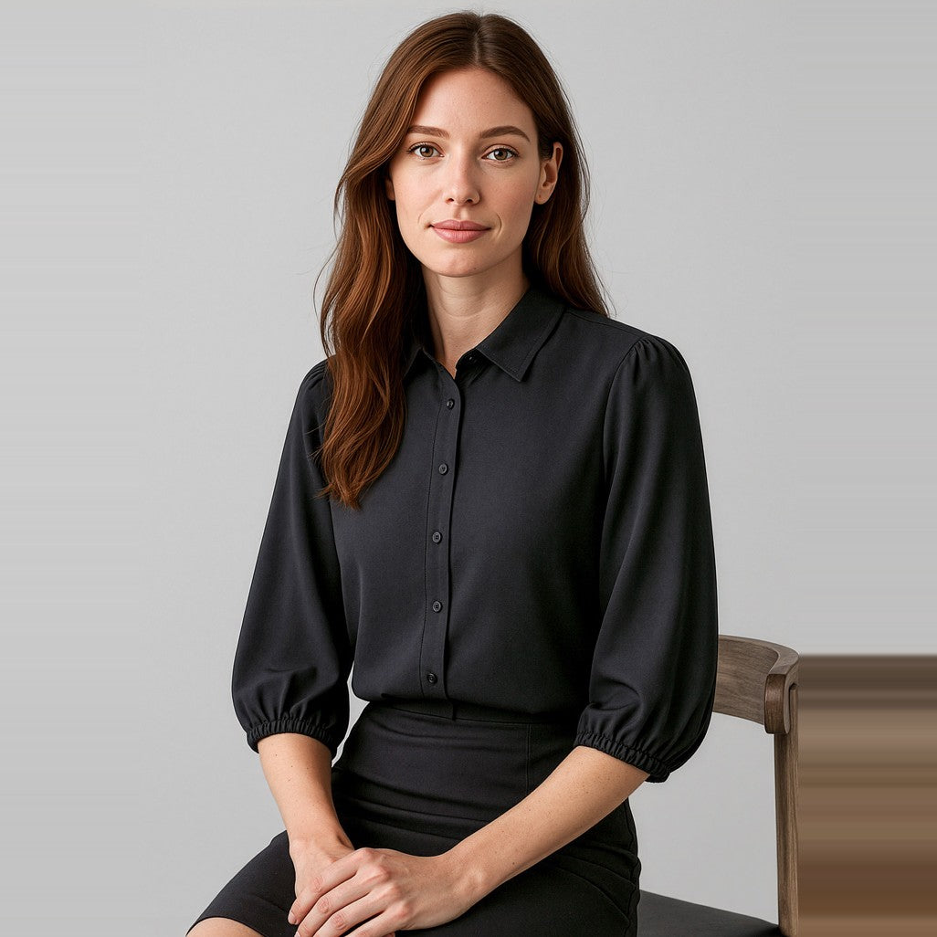 Biz Corporates Lucy Womens 3/4 Sleeve Blouse RB965LT in Black, worn by model