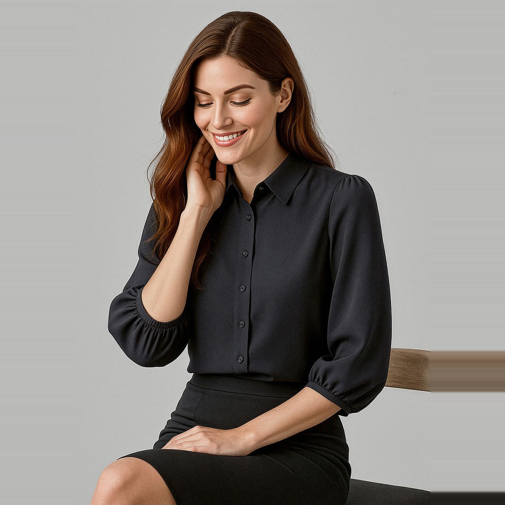 Biz Corporates Lucy Womens 3/4 Sleeve Blouse RB965LT in Black, worn by model, view 2