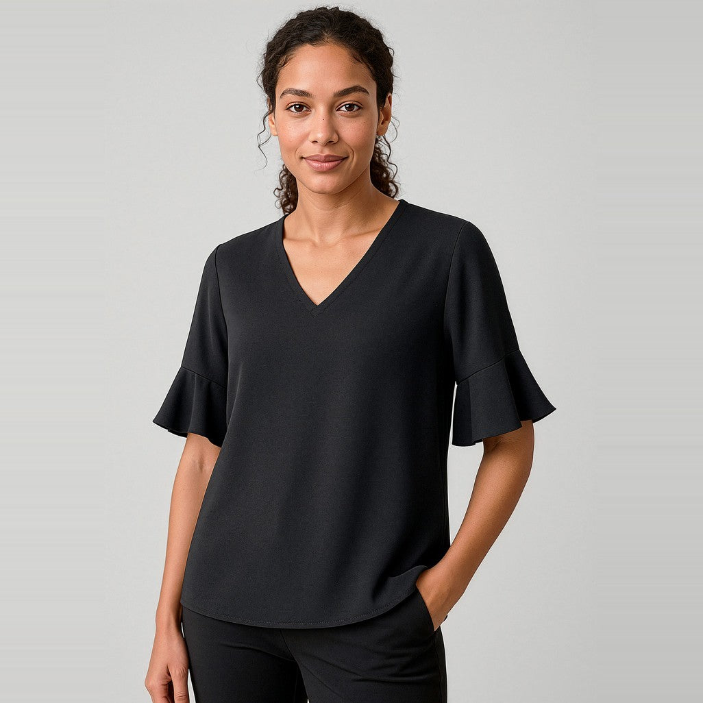Biz Corporates Aria Womens Fluted Sleeve Blouse RB966LS in Black, worn by model