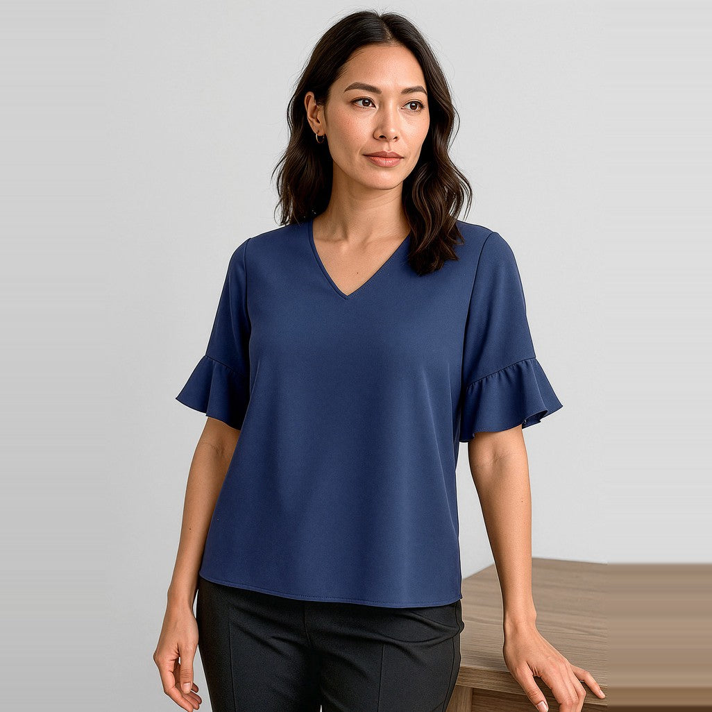 Biz Corporates Aria Womens Fluted Sleeve Blouse RB966LS in Navy, worn by model