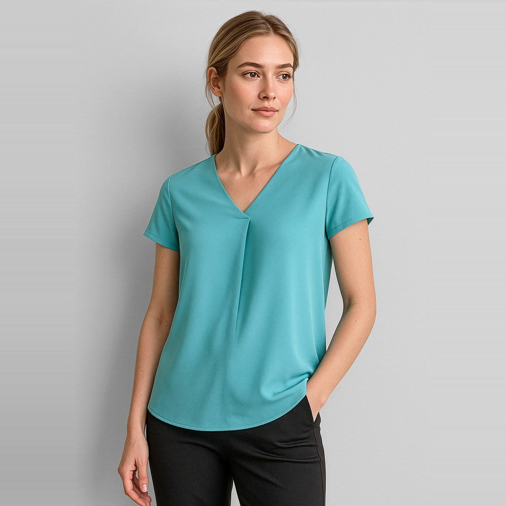 Biz Corporates Kayla Womens V-Neck Pleat Blouse RB967LS in Aqua, worn by model