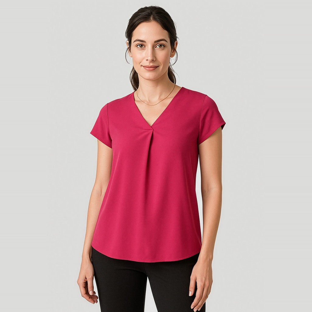 Biz Corporates Kayla Womens V-Neck Pleat Blouse RB967LS in Raspberry, worn by model