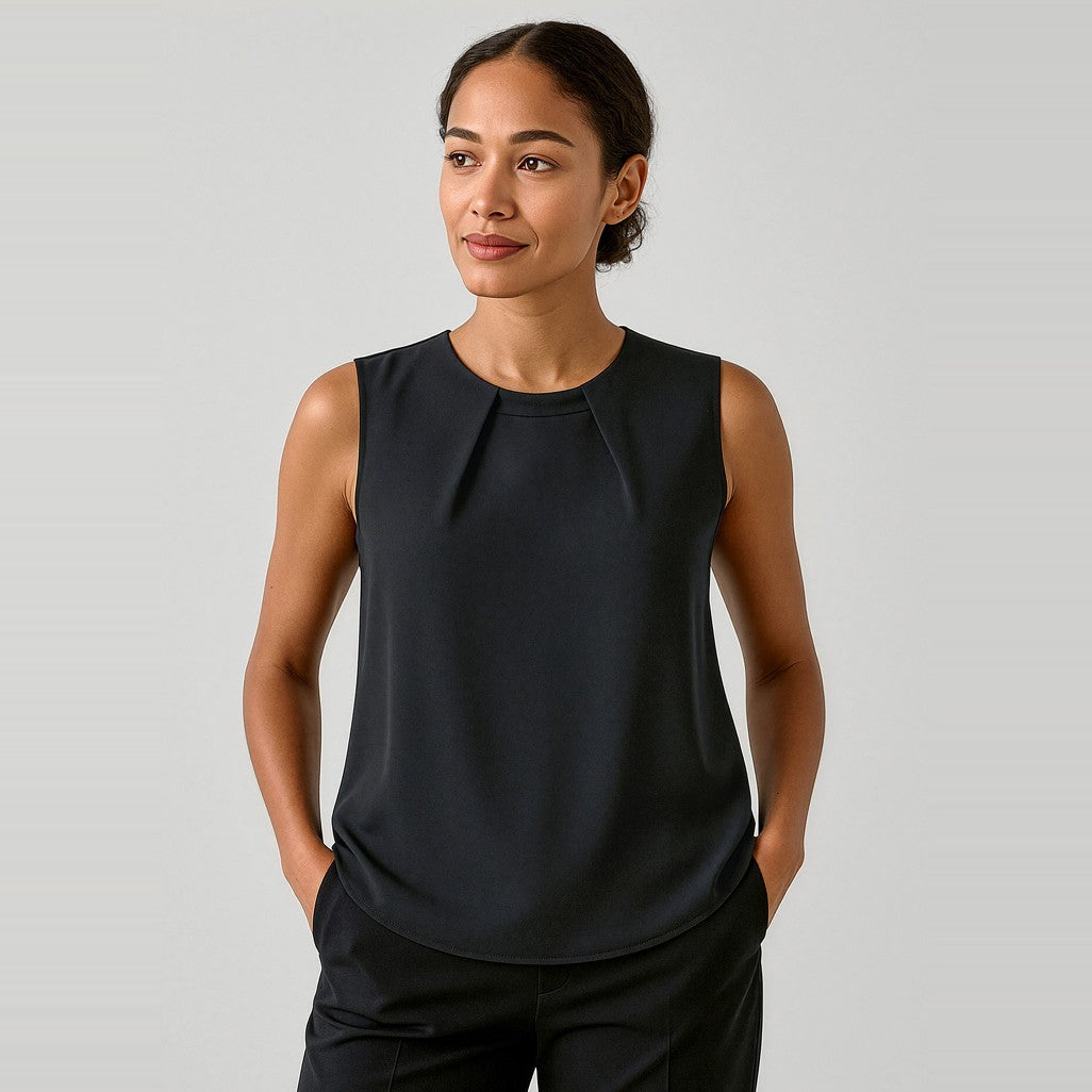 Biz Corporates Estelle Womens Sleeveless Pleat Detail Blouse RB973LN in Black, worn by model