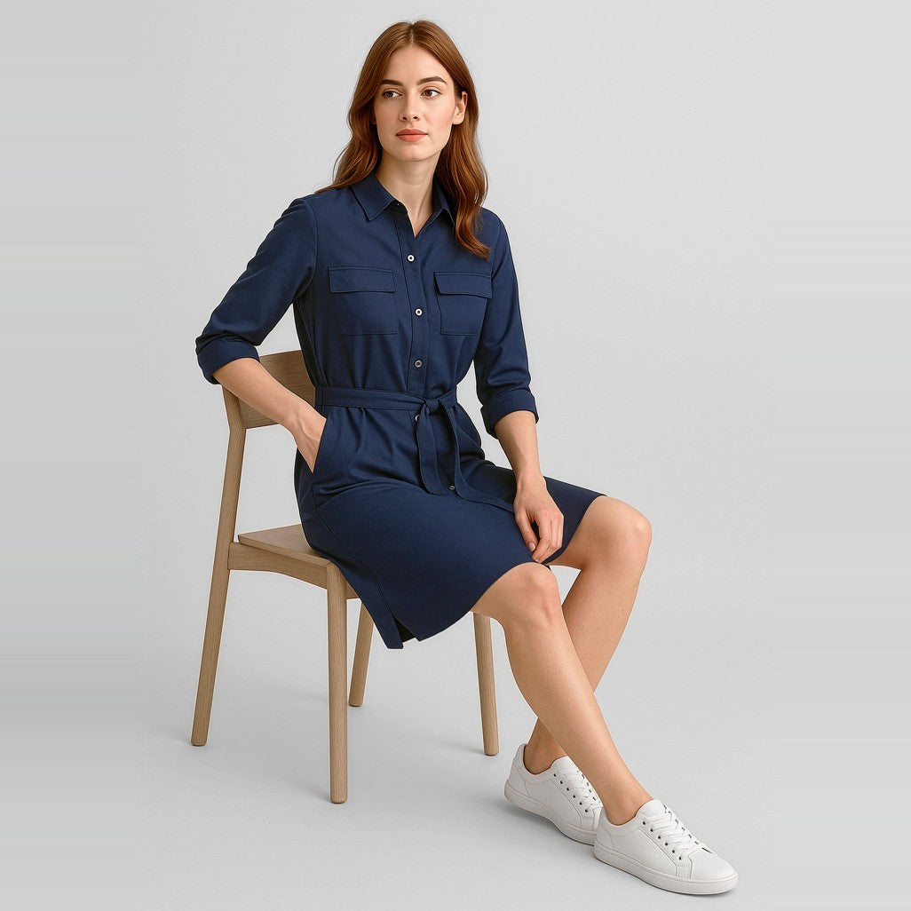 Biz Corporates Chloe Womens Dress RD069L in Navy, worn by model, view 3