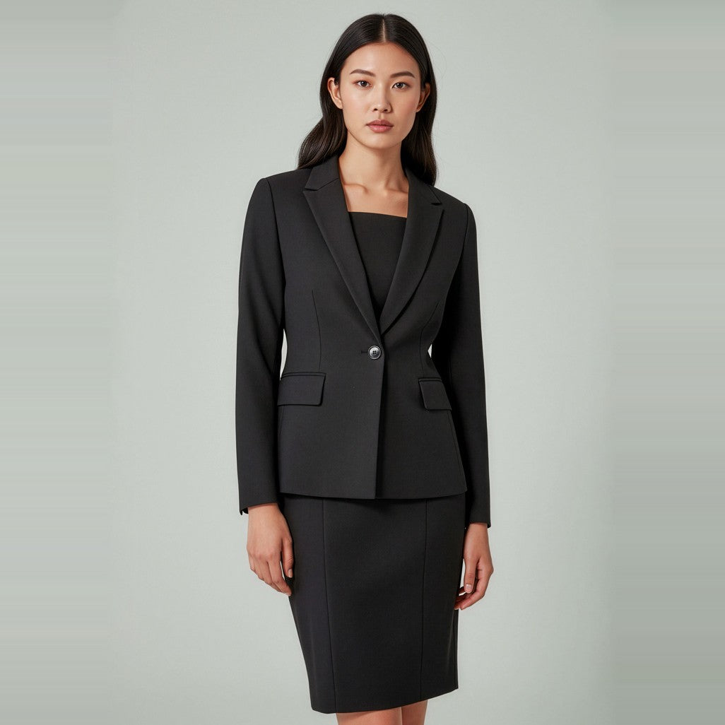 Biz Corporates Renew Womens Short Sleeve Dress RD409L in Pencil Black, worn by model, view 2