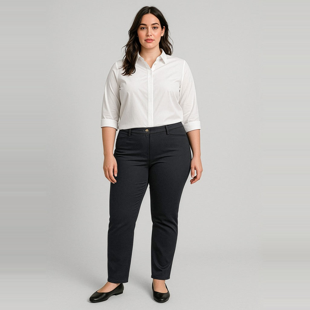 Biz Corporates Traveller Womens Slim Leg Stretch Chino Pant RGP263L in Black, worn by model