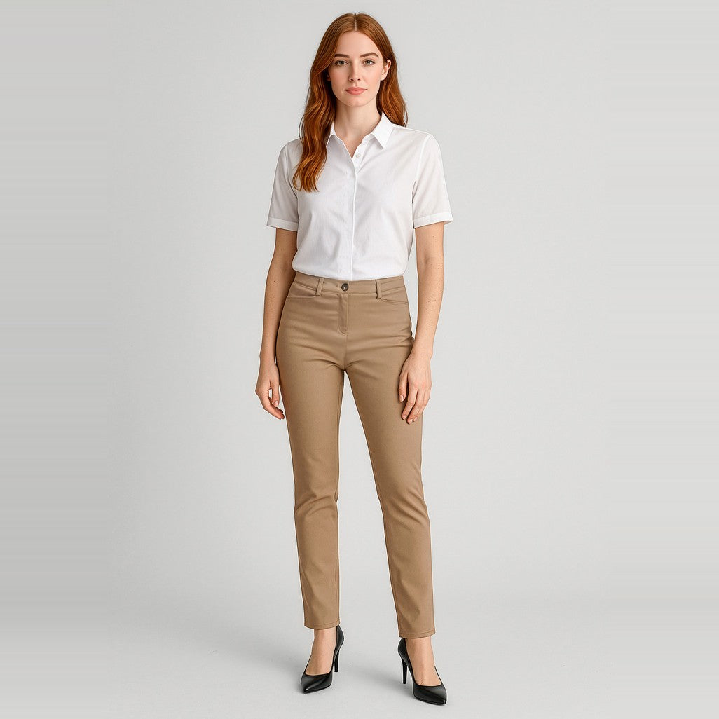 Biz Corporates Traveller Womens Slim Leg Stretch Chino Pant RGP263L in Desert, worn by model