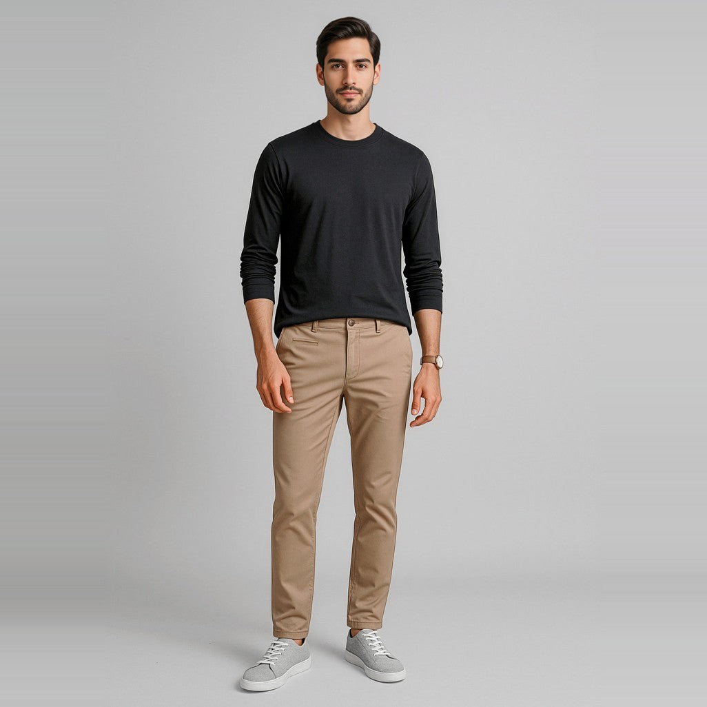 Biz Corporates Traveller Mens Tapered Stretch Chino Pant RGP263M in Desert, worn by model