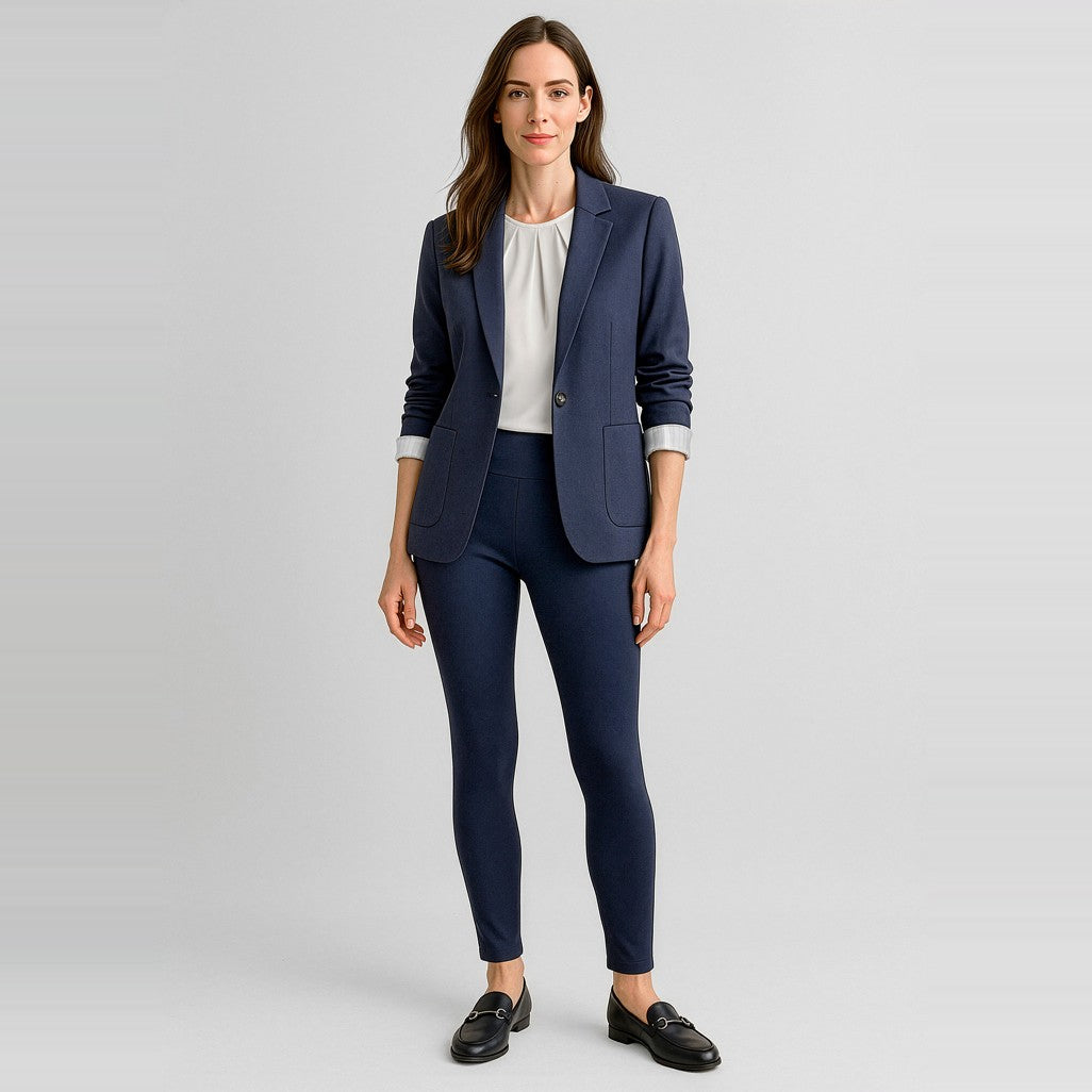 Biz Corporates Scuba Ponte Womens High-rise Pull-on Corporate Legging RGP303L in Navy, worn by model