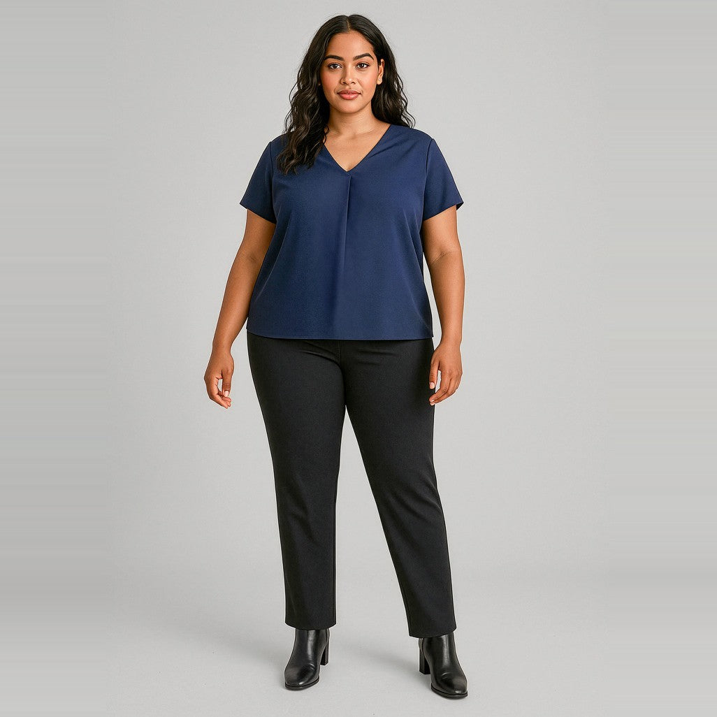 Biz Corporates Scuba Ponte Womens Mid-rise Pull-on Pant RGP304L in Black, worn by model