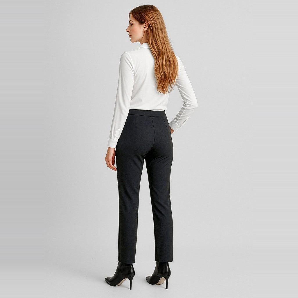 Biz Corporates Scuba Ponte Womens Mid-rise Pull-on Pant RGP304L in Black, worn by model, view 2