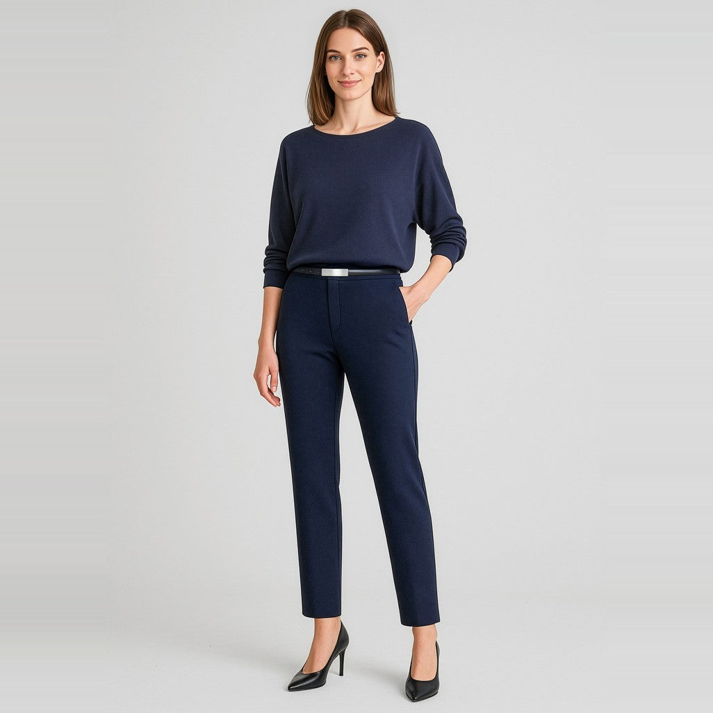 Biz Corporates Scuba Ponte Womens Mid-rise Pull-on Pant RGP304L in Navy, worn by model