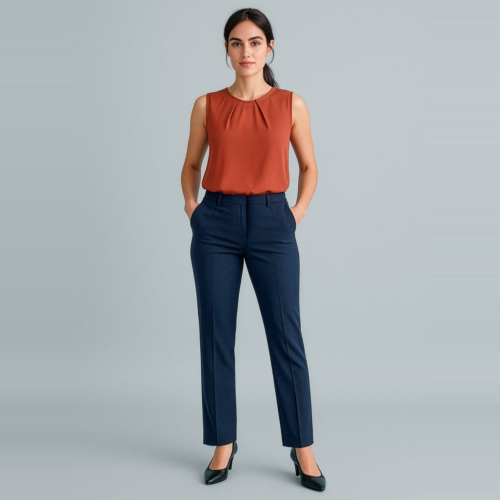 Biz Corporates Cool Stretch Womens Tapered Leg Adjustable Waist Pant RGP315L in Navy, worn by model