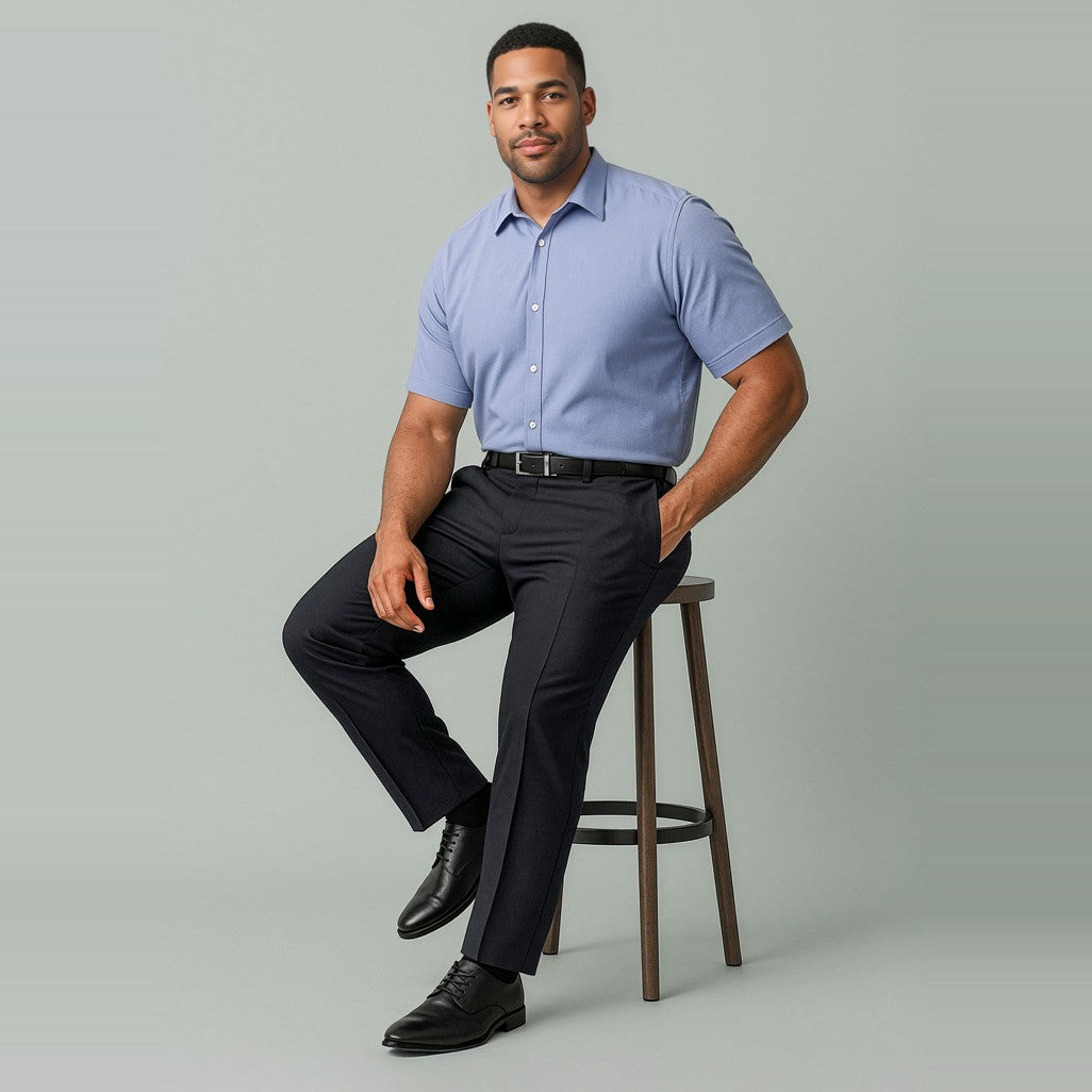 Biz Corporates Renew Mens Adjustable Waist Straight Leg Pant RGP408M in Pencil Black, worn by model