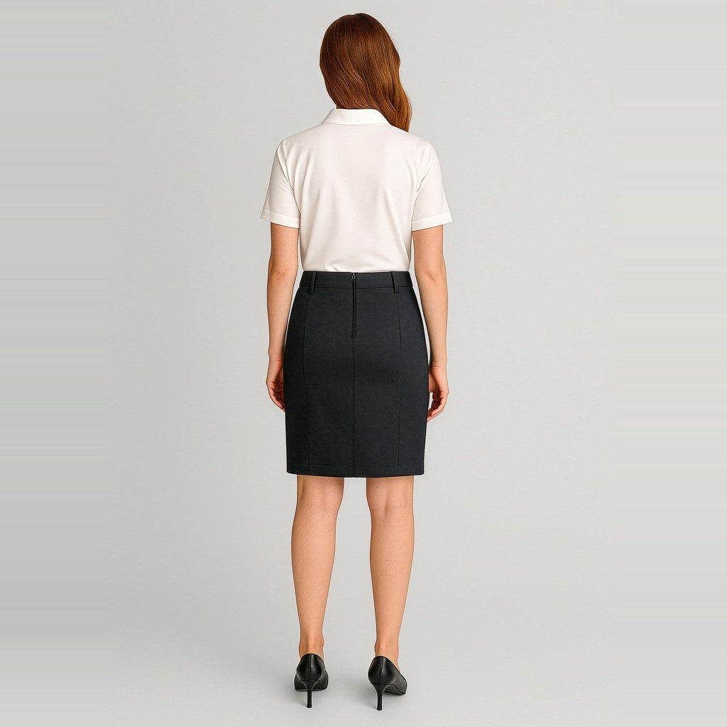 Biz Corporates Traveller Womens Mid Waist Stretch Chino Skirt RGS264L in Black, worn by model, view 2