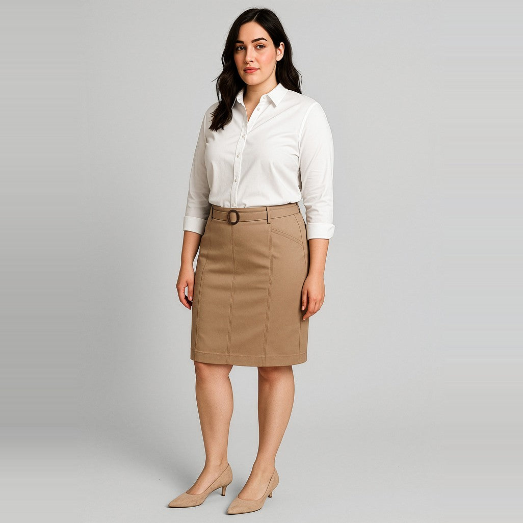 Biz Corporates Traveller Womens Mid Waist Stretch Chino Skirt RGS264L in Desert, worn by model