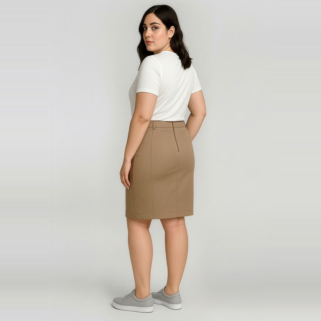 Biz Corporates Traveller Womens Mid Waist Stretch Chino Skirt RGS264L in Desert, worn by model, view 2